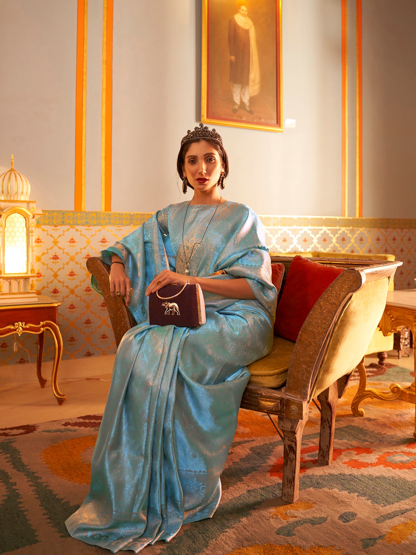 Women's Nylon Turquoise Woven Design Designer Saree With Blouse Piece