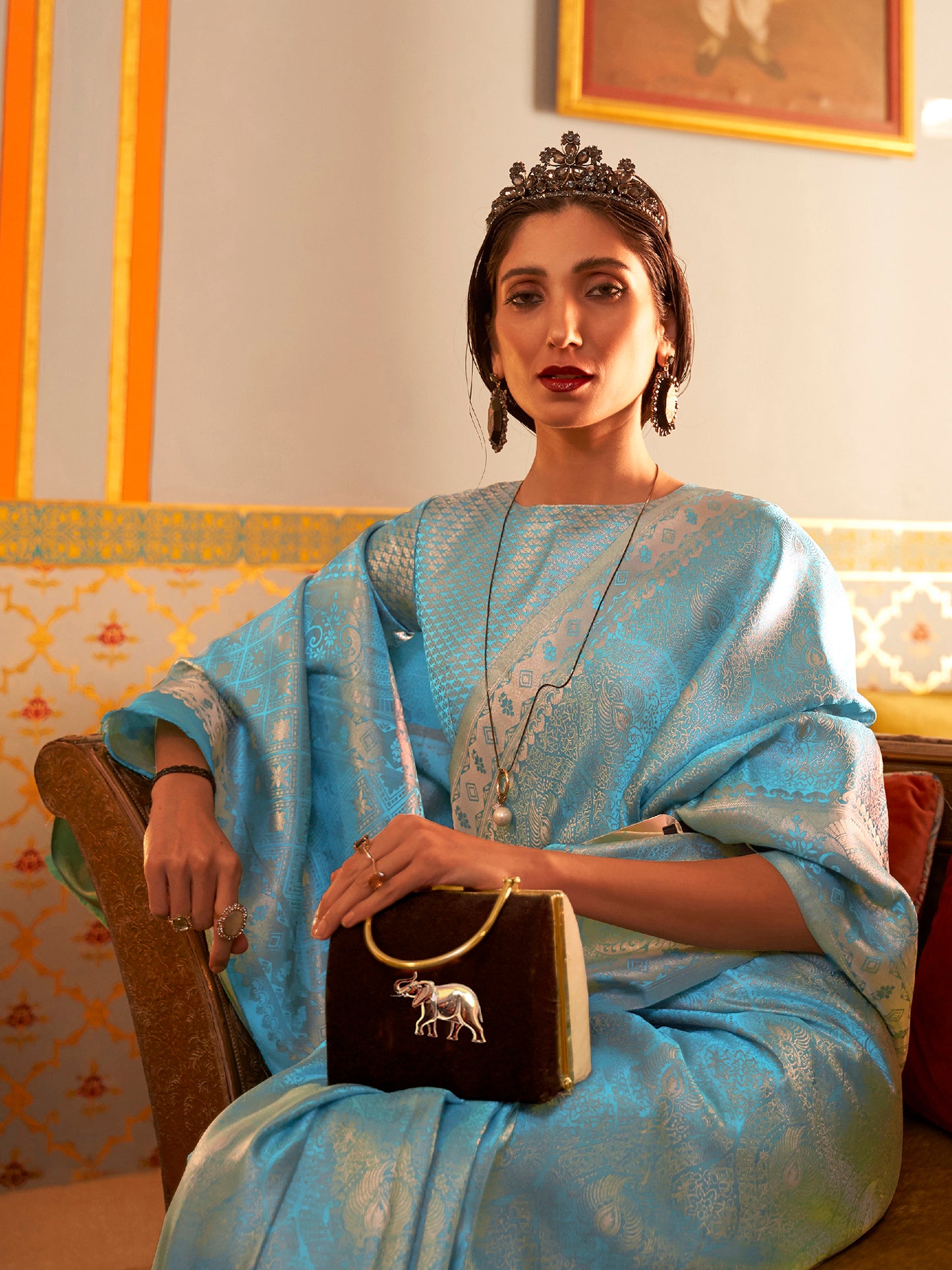 Women's Nylon Turquoise Woven Design Designer Saree With Blouse Piece