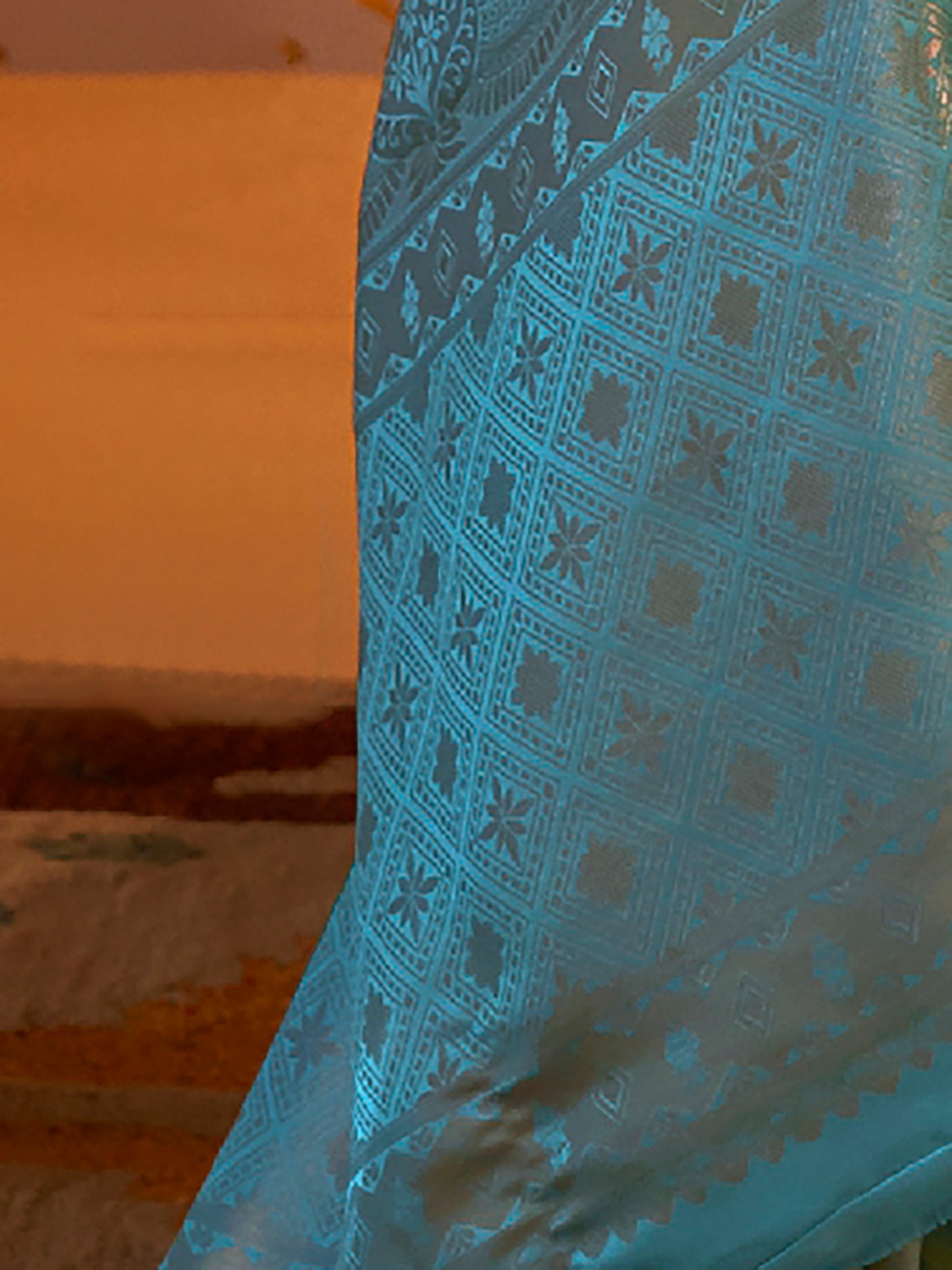 Women's Nylon Turquoise Woven Design Designer Saree With Blouse Piece