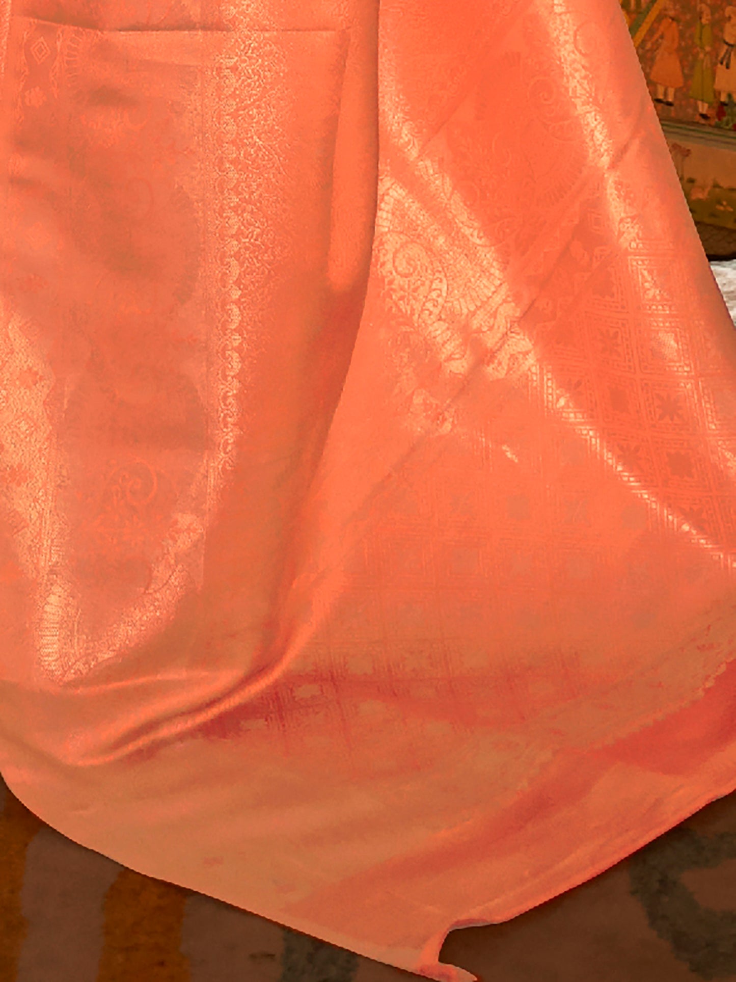 Women's Nylon Peach Woven Design Designer Saree With Blouse Piece