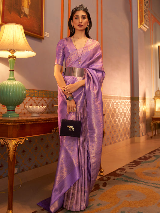 Women's Nylon Lavendar Woven Design Designer Saree With Blouse Piece