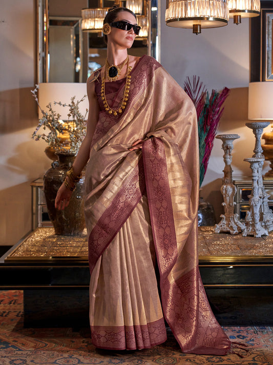 Women's Tissue Brown Woven Design Designer Saree With Blouse Piece