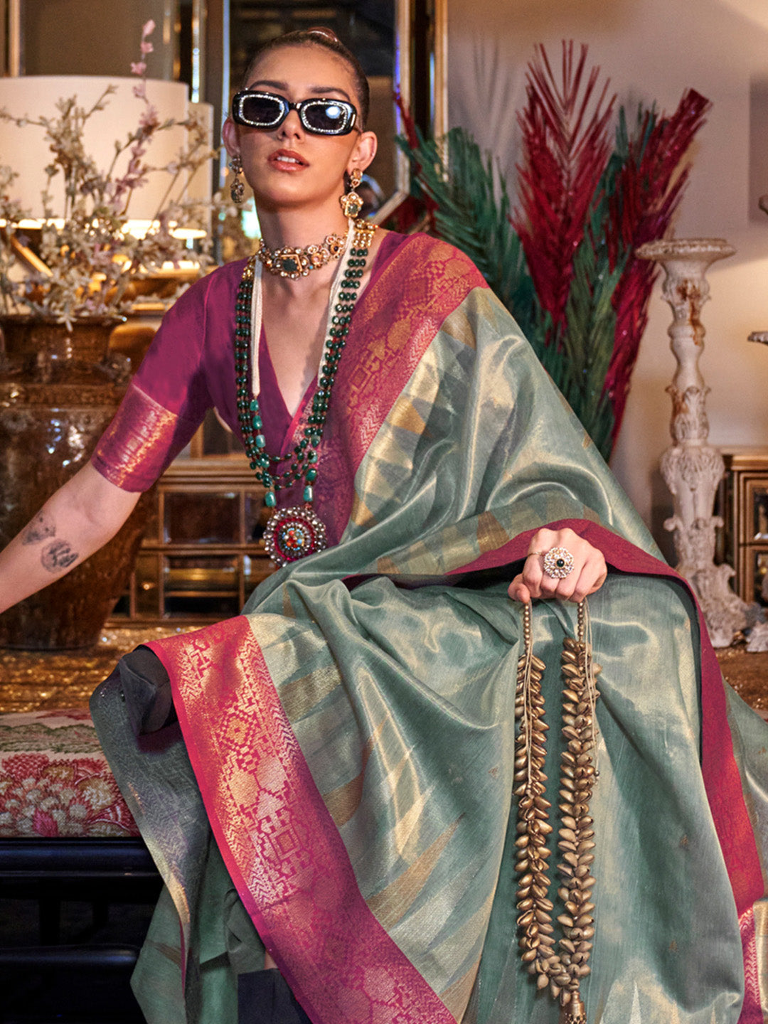 Women's Tissue Pink Woven Design Designer Saree With Blouse Piece
