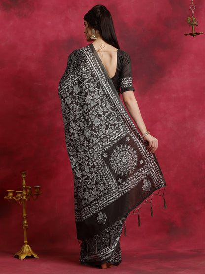 Women's Manipuri Silk Black Printed Designer Saree With Blouse Piece