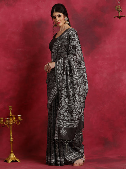 Women's Manipuri Silk Black Printed Designer Saree With Blouse Piece