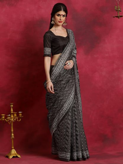Women's Manipuri Silk Black Printed Designer Saree With Blouse Piece