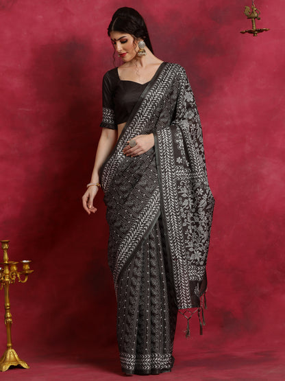 Women's Manipuri Silk Black Printed Designer Saree With Blouse Piece
