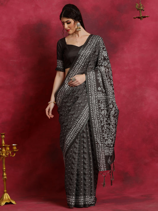Women's Manipuri Silk Black Printed Designer Saree With Blouse Piece