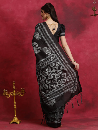 Women's Manipuri Silk Black Printed Designer Saree With Blouse Piece