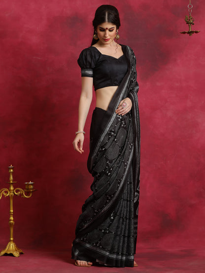 Women's Manipuri Silk Black Printed Designer Saree With Blouse Piece