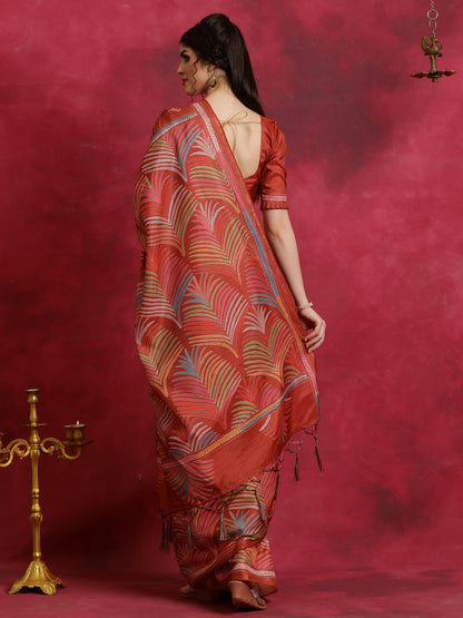 Women's Manipuri Silk Rust Printed Designer Saree With Blouse Piece