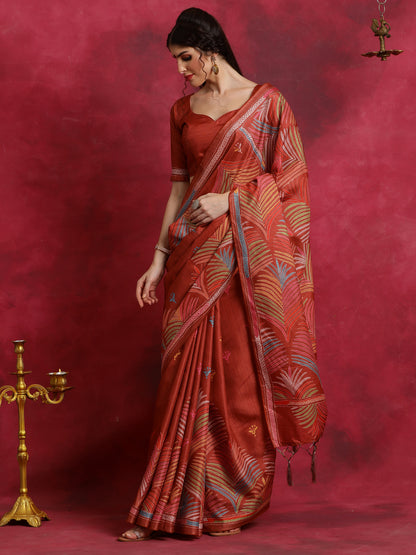 Women's Manipuri Silk Rust Printed Designer Saree With Blouse Piece