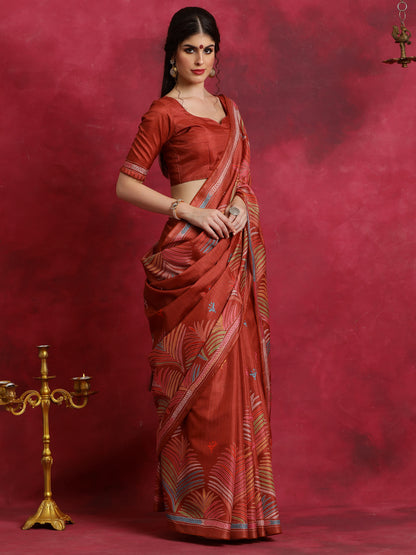 Women's Manipuri Silk Rust Printed Designer Saree With Blouse Piece