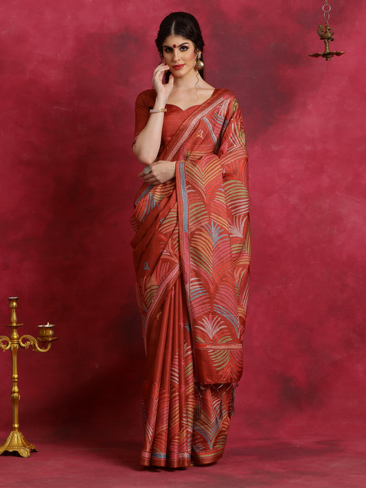 Women's Manipuri Silk Rust Printed Designer Saree With Blouse Piece