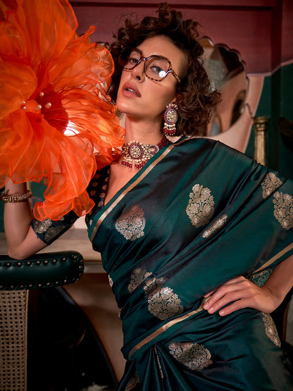 Women's Satin Silk Dark Green Woven Design Designer Saree With Blouse Piece