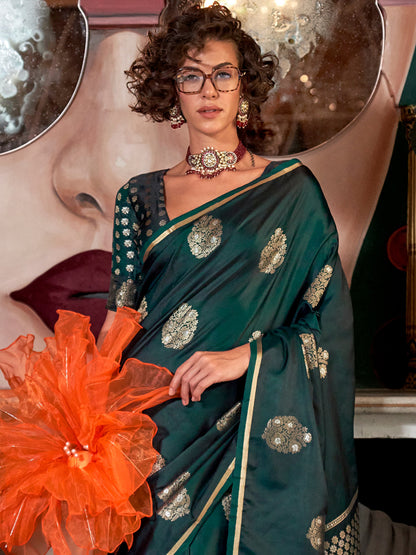 Women's Satin Silk Dark Green Woven Design Designer Saree With Blouse Piece