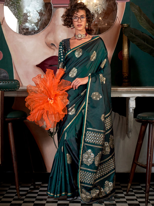 Women's Satin Silk Dark Green Woven Design Designer Saree With Blouse Piece