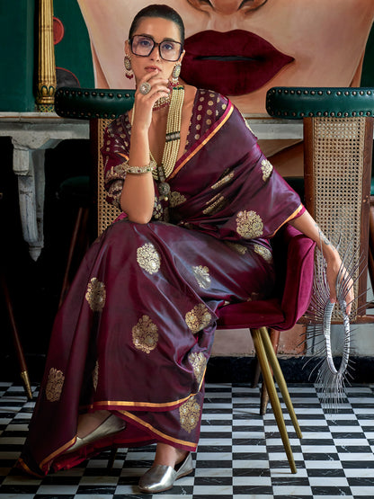 Women's Satin Silk Burgundy Woven Design Designer Saree With Blouse Piece