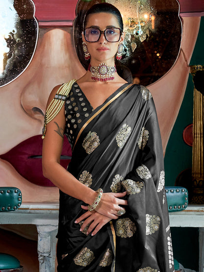 Women's Satin Silk Black Woven Design Designer Saree With Blouse Piece