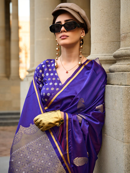 Women's Satin Silk Purple Woven Design Designer Saree With Blouse Piece