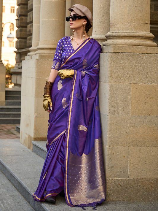 Women's Satin Silk Purple Woven Design Designer Saree With Blouse Piece