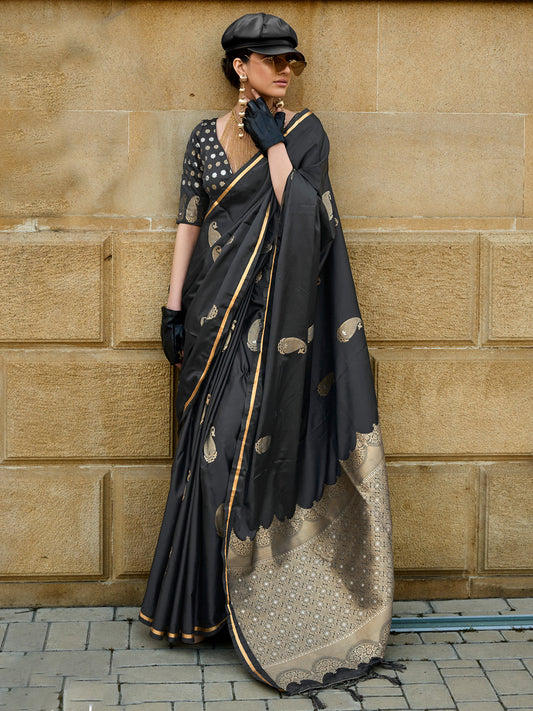 Women's Satin Silk Black Woven Design Designer Saree With Blouse Piece