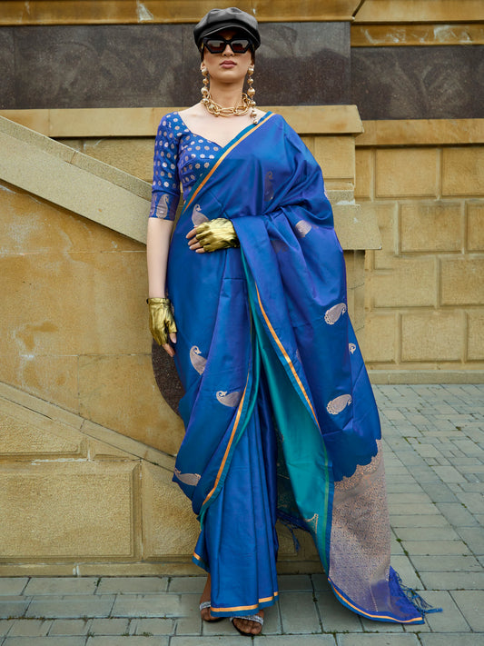Women's Satin Silk Blue Woven Design Designer Saree With Blouse Piece