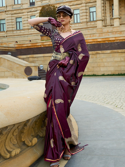 Women's Satin Silk Burgundy Woven Design Designer Saree With Blouse Piece