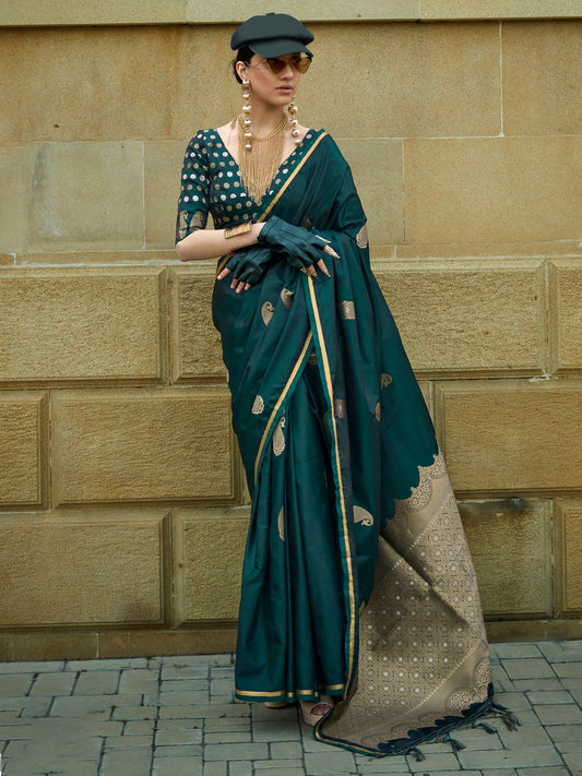 Women's Satin Silk Green Woven Design Designer Saree With Blouse Piece