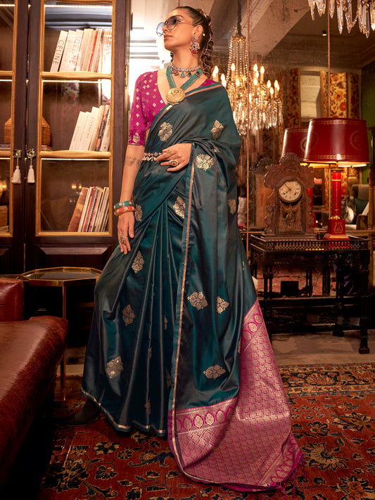 Women's Satin Silk Pink Woven Design Designer Saree With Blouse Piece