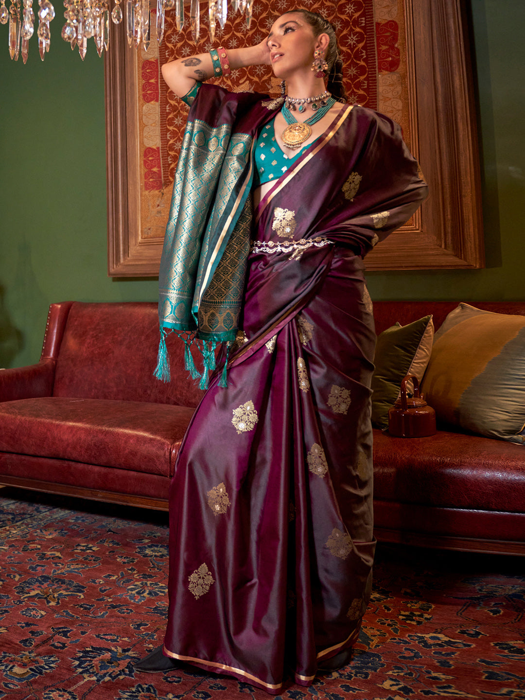 Women's Satin Silk Teal blue Woven Design Designer Saree With Blouse Piece