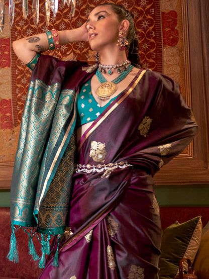 Women's Satin Silk Teal blue Woven Design Designer Saree With Blouse Piece