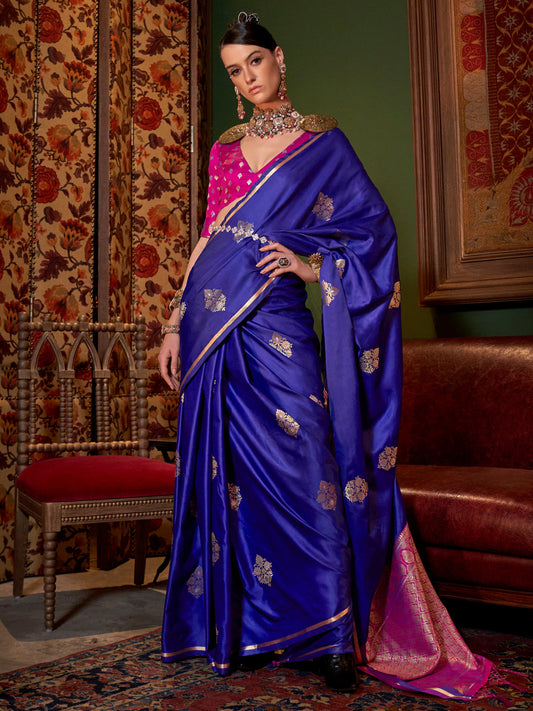 Women's Satin Silk Pink Woven Design Designer Saree With Blouse Piece