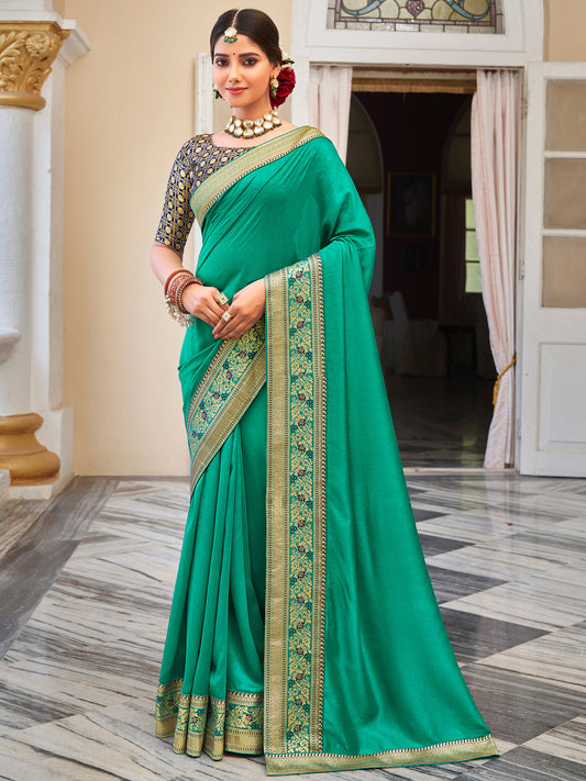 Women's Vichitra Silk Turquoise Embellished Designer Saree With Blouse Piece