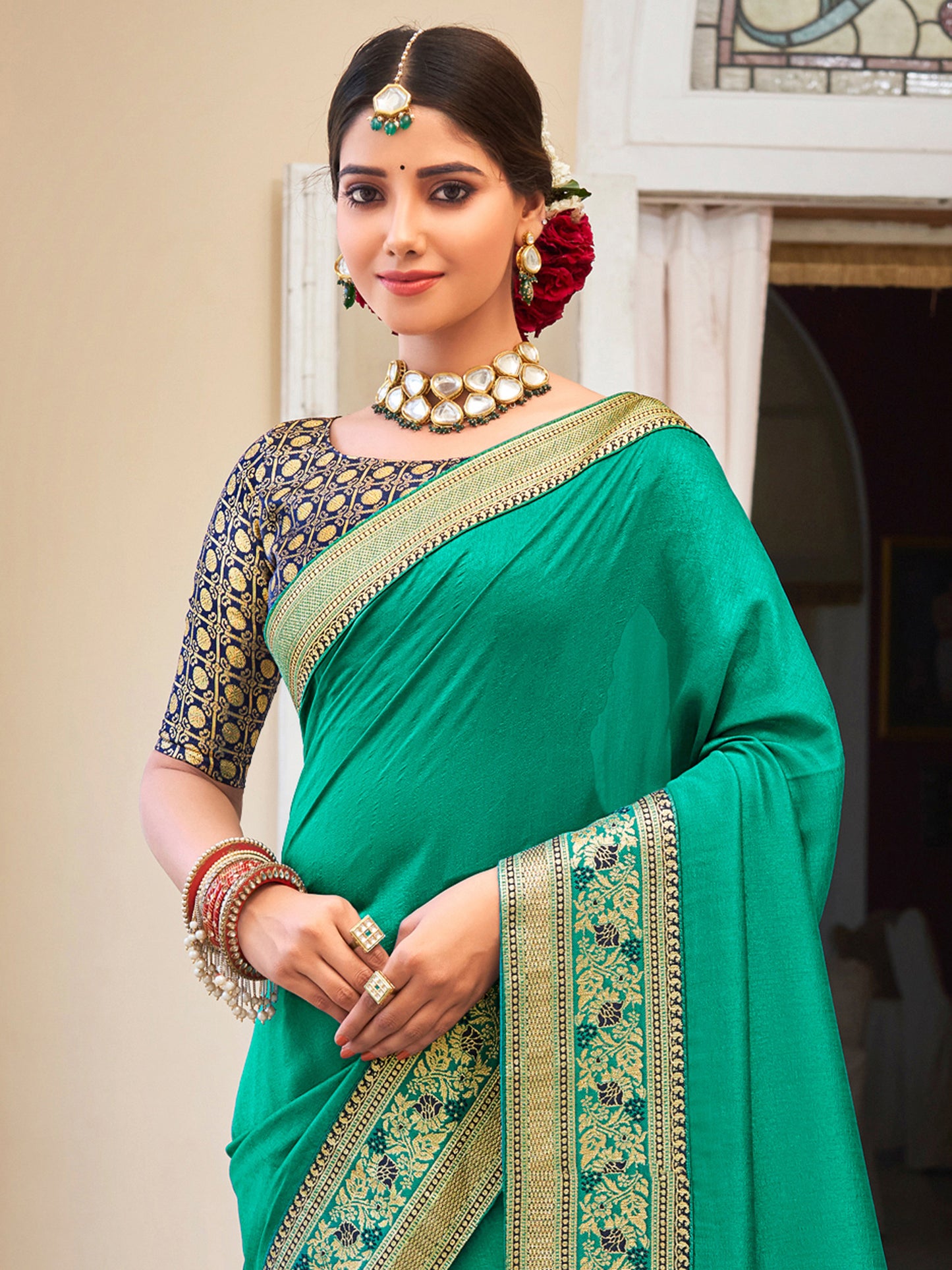 Women's Vichitra Silk Turquoise Embellished Designer Saree With Blouse Piece