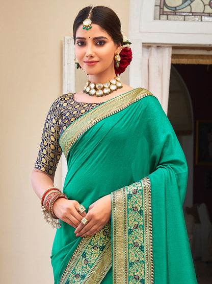 Women's Vichitra Silk Turquoise Embellished Designer Saree With Blouse Piece