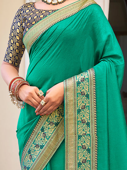 Women's Vichitra Silk Turquoise Embellished Designer Saree With Blouse Piece