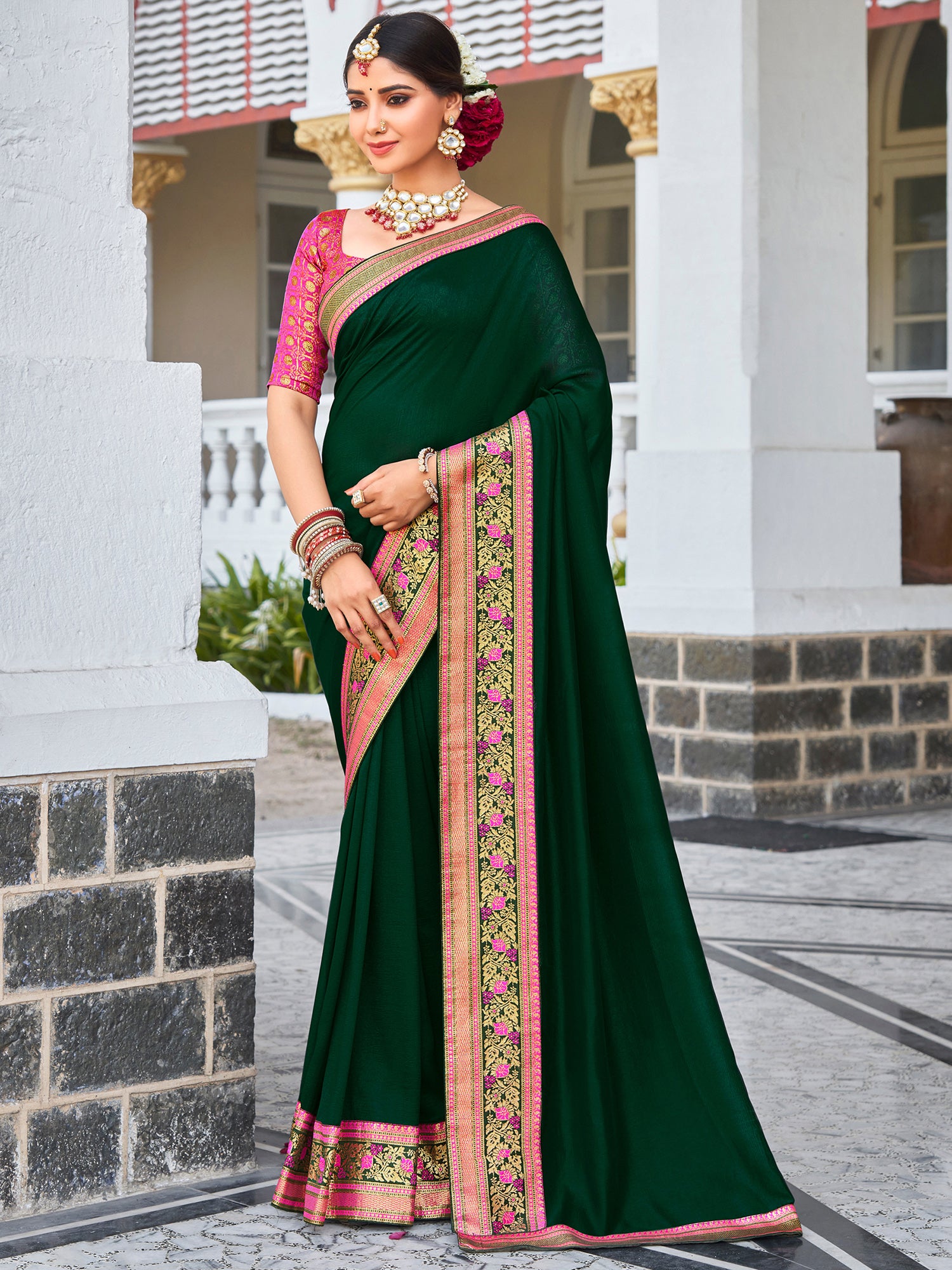 Women's Vichitra Silk Green Embellished Designer Saree With Blouse Piece