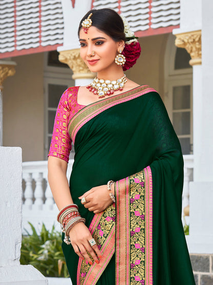Women's Vichitra Silk Green Embellished Designer Saree With Blouse Piece