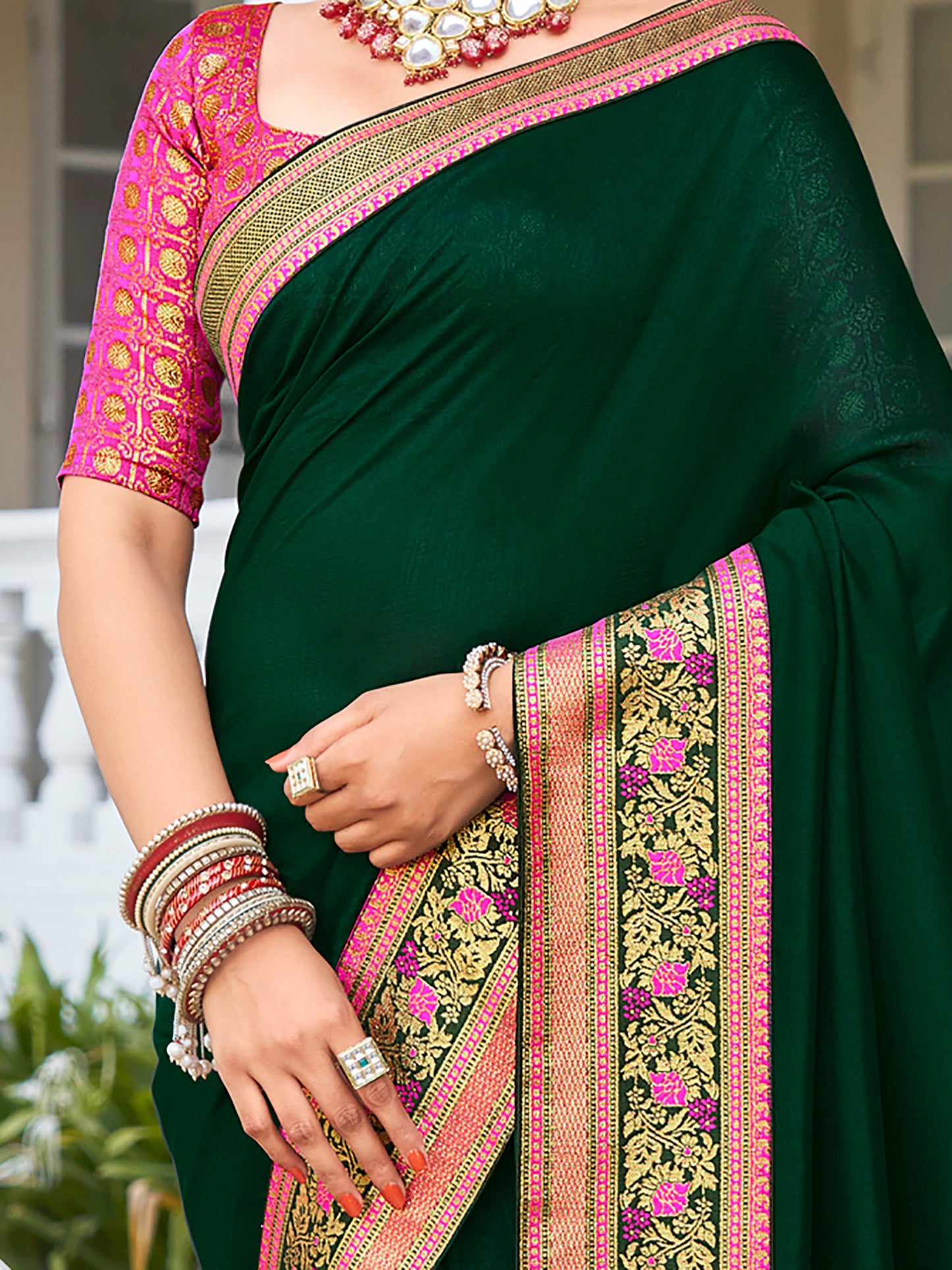 Women's Vichitra Silk Green Embellished Designer Saree With Blouse Piece