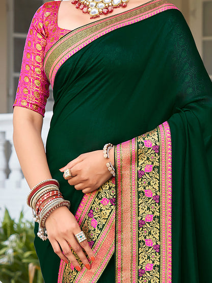 Women's Vichitra Silk Green Embellished Designer Saree With Blouse Piece