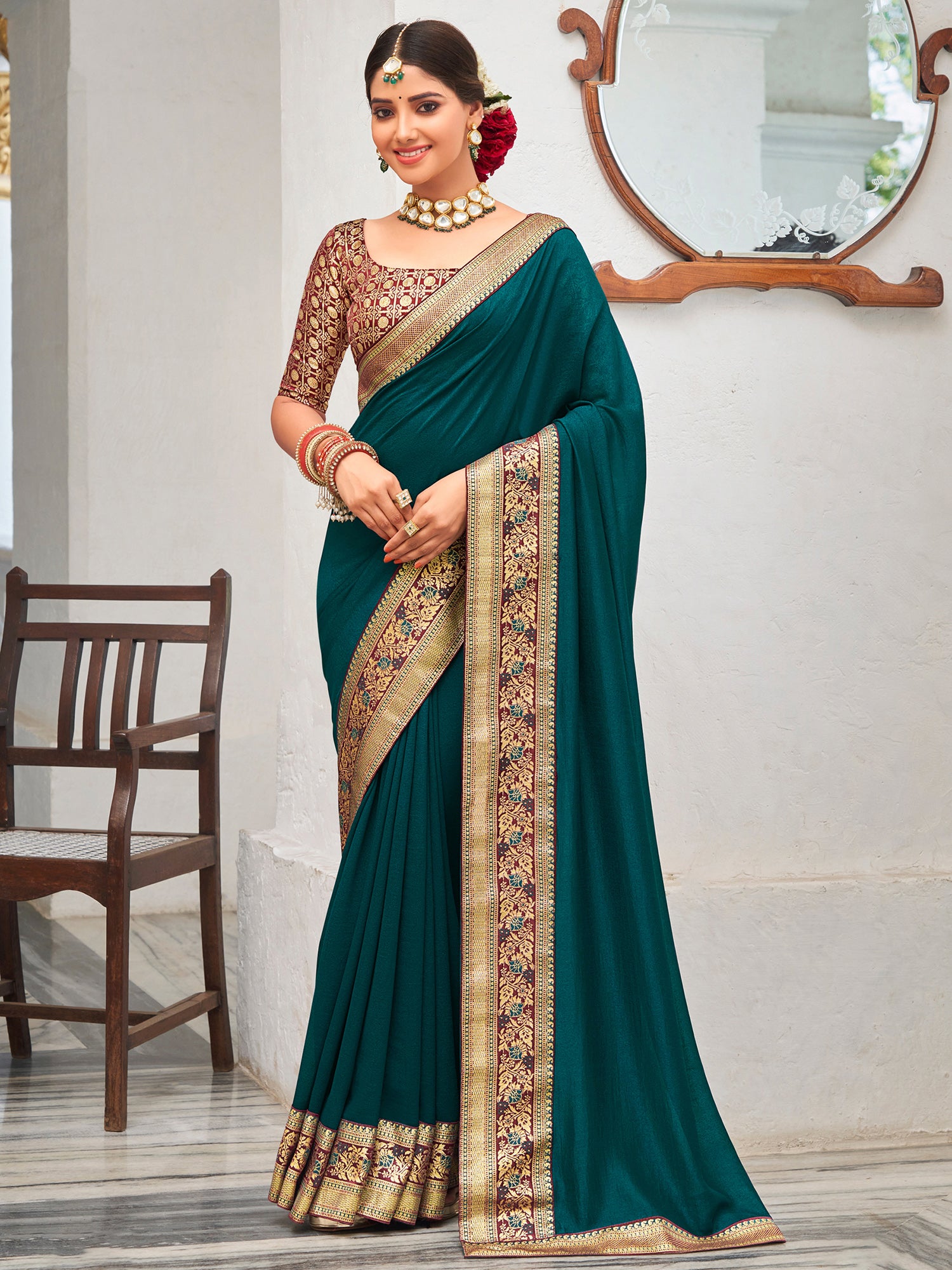 Women's Vichitra Silk Teal blue Embellished Designer Saree With Blouse Piece