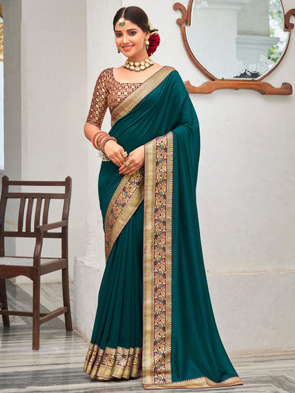 Women's Vichitra Silk Teal blue Embellished Designer Saree With Blouse Piece