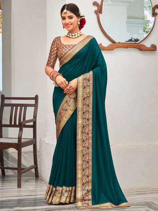 Women's Vichitra Silk Teal blue Embellished Designer Saree With Blouse Piece