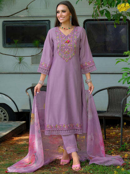 Floral Yoke Design V-Neck Thread Work Straight Kurta With Trousers & Dupatta