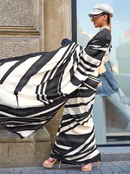 Women's Satin Off White Printed Designer Saree With Blouse Piece