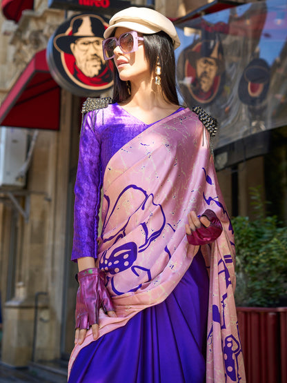Women's Satin Purple Printed Designer Saree With Blouse Piece