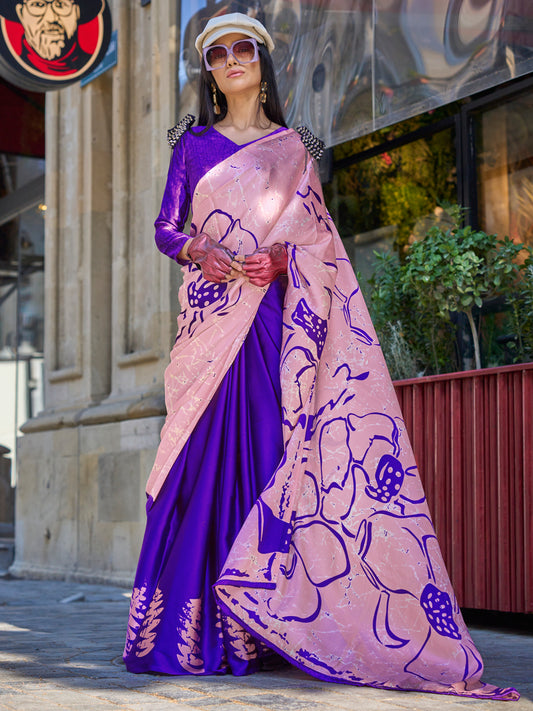 Women's Satin Purple Printed Designer Saree With Blouse Piece