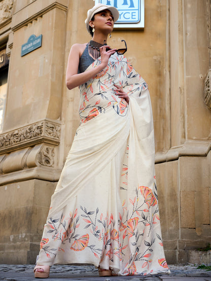 Women's Satin Cream Printed Designer Saree With Blouse Piece