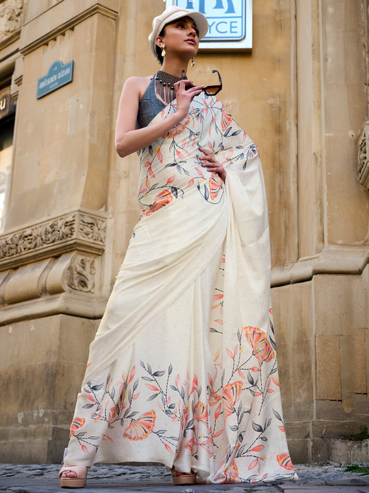 Women's Satin Cream Printed Designer Saree With Blouse Piece